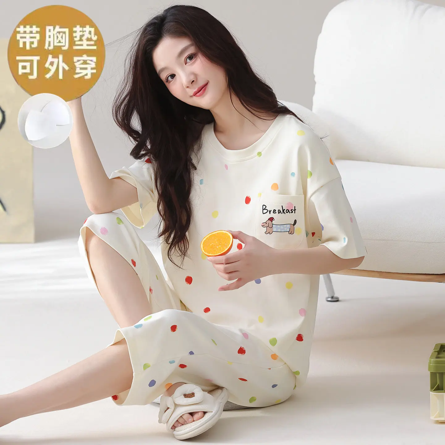 Calf-Length Pants Short Sleeves 2Pcs Set Women Summer Pajamas Cartoon Loose Pullover Sleepwear With Bra Pads pijama mujer