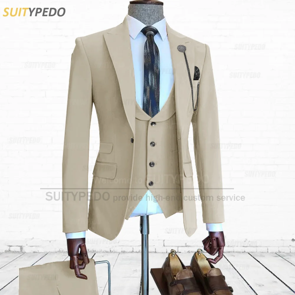 

Fashion Khaki Suit Men 3 Pieces Latest Business Wedding Blazer Vest Pants Set for Men Formal Slim Fit Royal Blue Tuxedos for Men