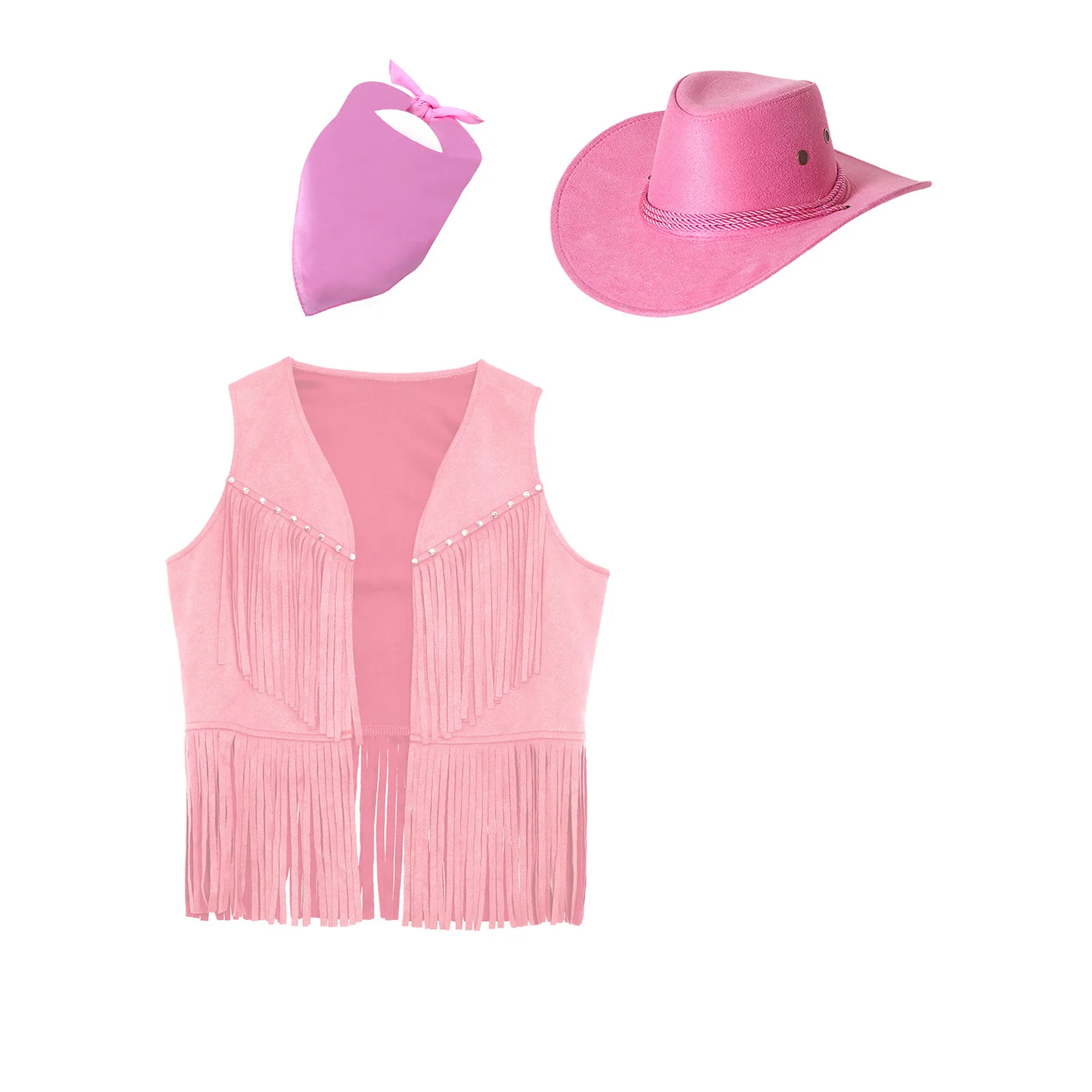 

Kids Girl Boy Cowgirl Folkloric Hippie Open Waistcoat Tassels Fringed Hem Vest And Cowboy Hat Scarf for Halloween Cosplay Outfit