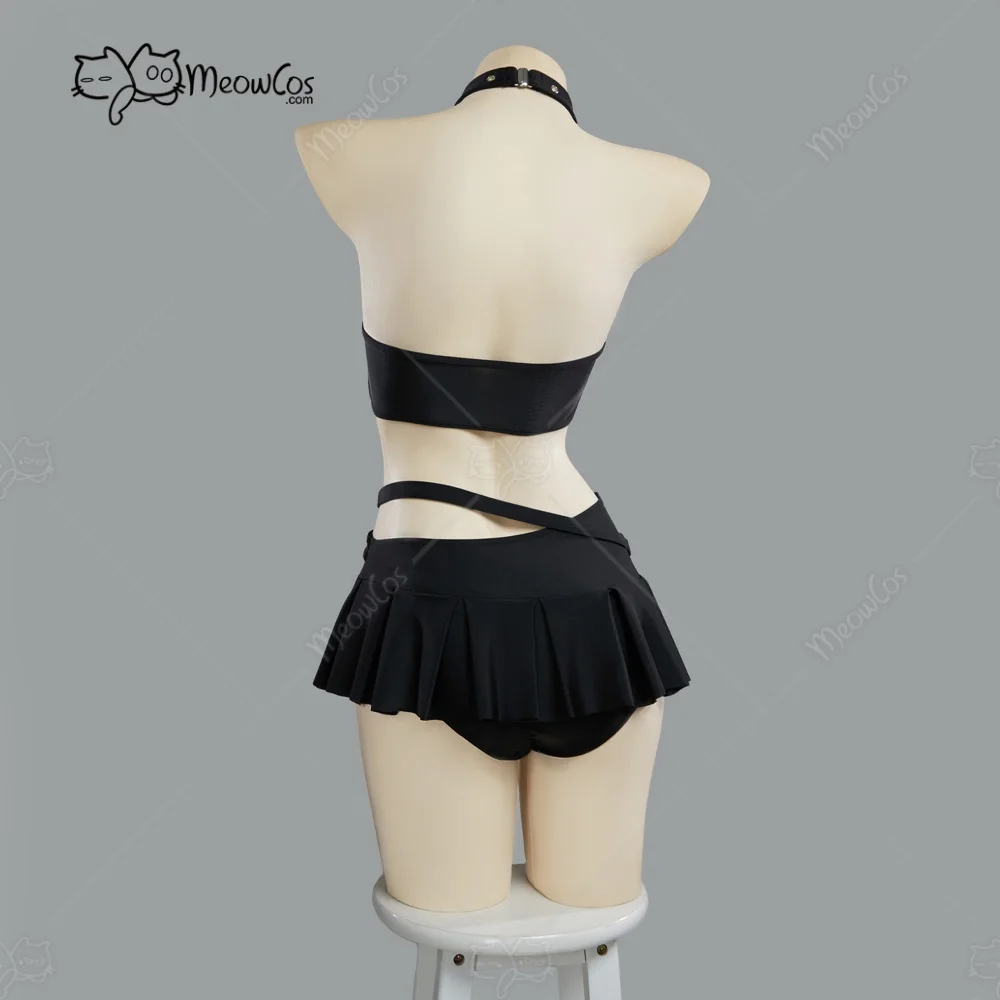 US Stock MEOWCOS Women Dark Rebel Gothic Black Heart Cutout Swimsuit Punky Buckle Two-Piece Beach Wear Halter Top and Culottes view 4
