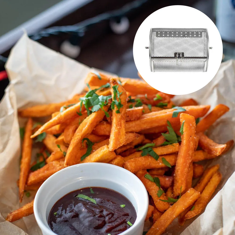 

Stainless Steel Baking Drum Deep Fry Basket Oven Air Fryer Barbecue Grilling Cage Rotating Design Even Heating Metal for Nuts