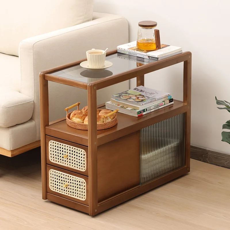 Coffee table living room household small apartment retro color Internet celebrity rattan glass table rectangular