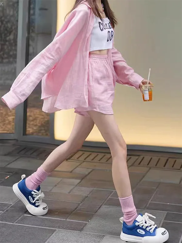 

Pink Cotton Linen irt Set Women's Summer Faion Versatile Loose Casual Sun Protection Top Linen orts Two Piece Set