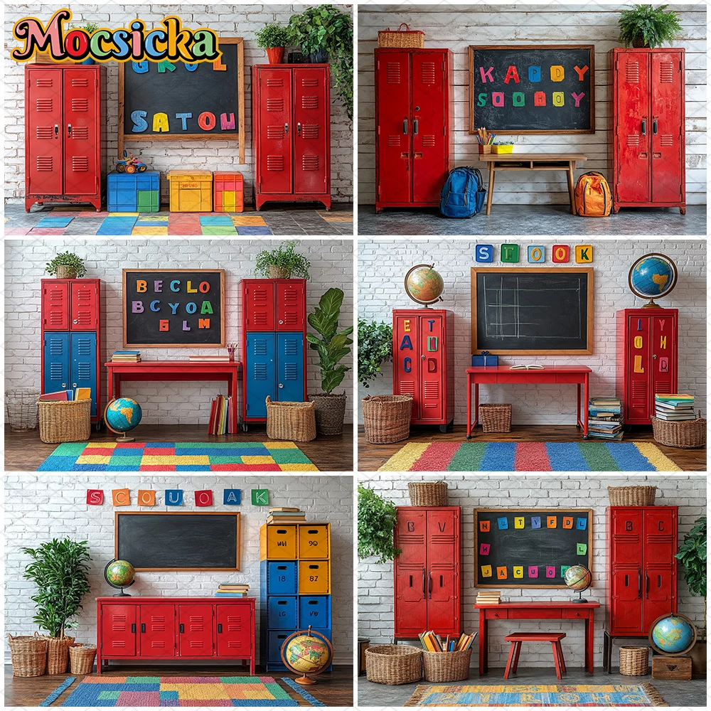 

Mocsicka Photography Backdrop Blackboard Back To School Red Cabinet Letter Schoolbag Globe Decors Baby Student Photo Backgrounds