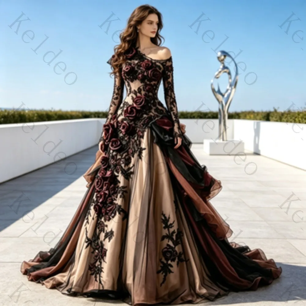 Customized Vintage Off Shoulder A Line Evening Dress Long Sleeve 3D Rose Floral Lace Appliqué Multi-layer Tulle Formal Gown Prom