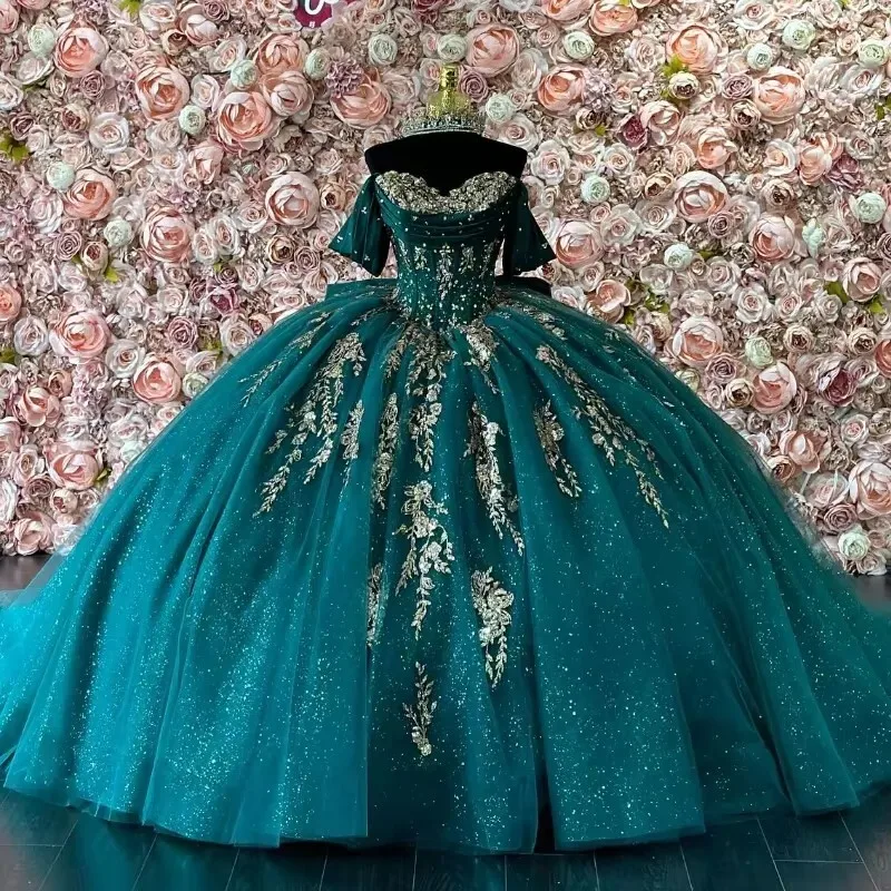 

Hunter Green Quinceanera Dresses Off The Shoulder Mexican Vestidos De 15 Anos 2025 Lace Appliques Junior Girls Prom Gown
