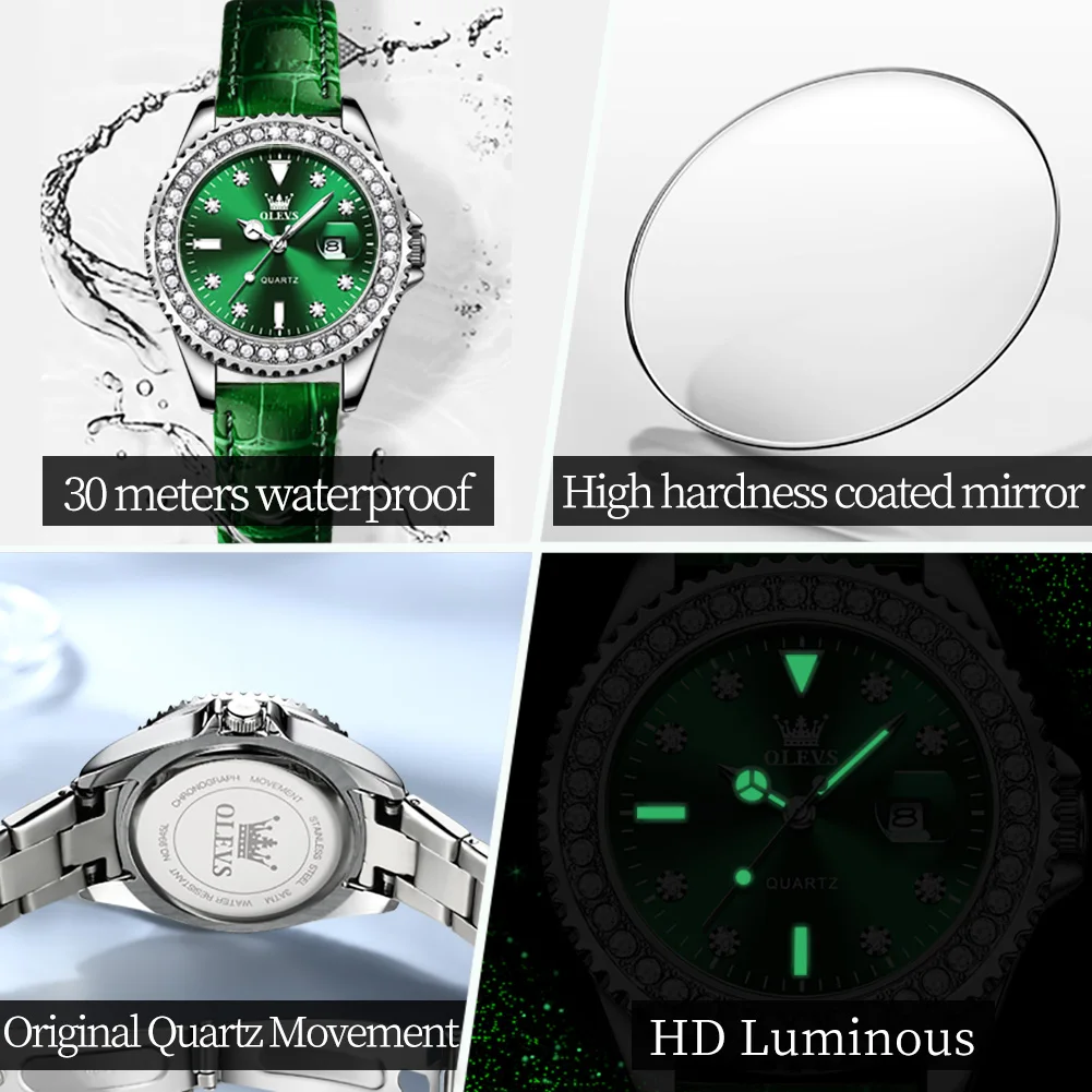 OLEVS New Luxury Diamond Quarzt Watch Women Fashion Green Leather Waterproof Luminous Calendar Watches Female Relogio Feminino