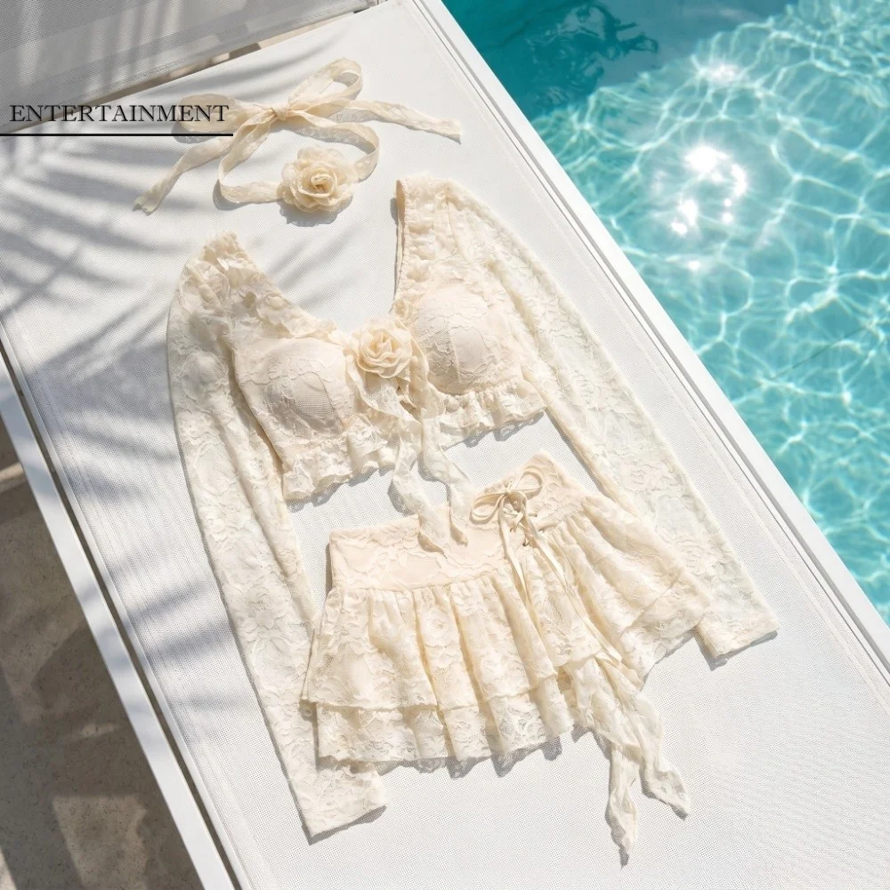 

Ruffle Lace Long Sleeve Swimsuit Flower Skirt Style Bikini Suit Ladies Ruffle Bathing Suit V Neck Beachwear Clothing