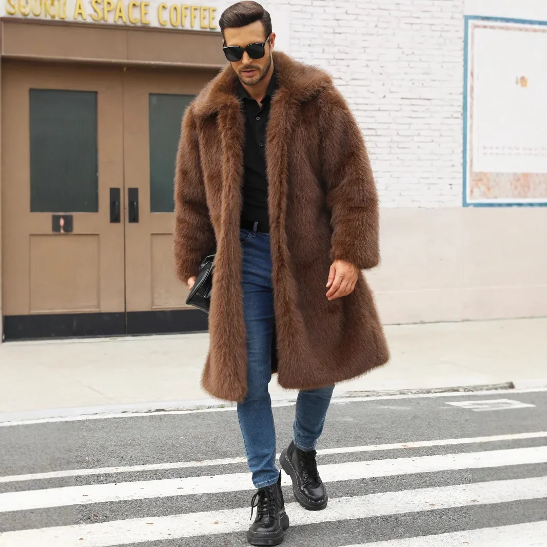 Men Faux Fox Fur Jacket Autumn Winter Thick Maxi Coat Long Sleeve Warm Luxury Fur Black Parkas Bontjas Furry Shaggy Outerwear