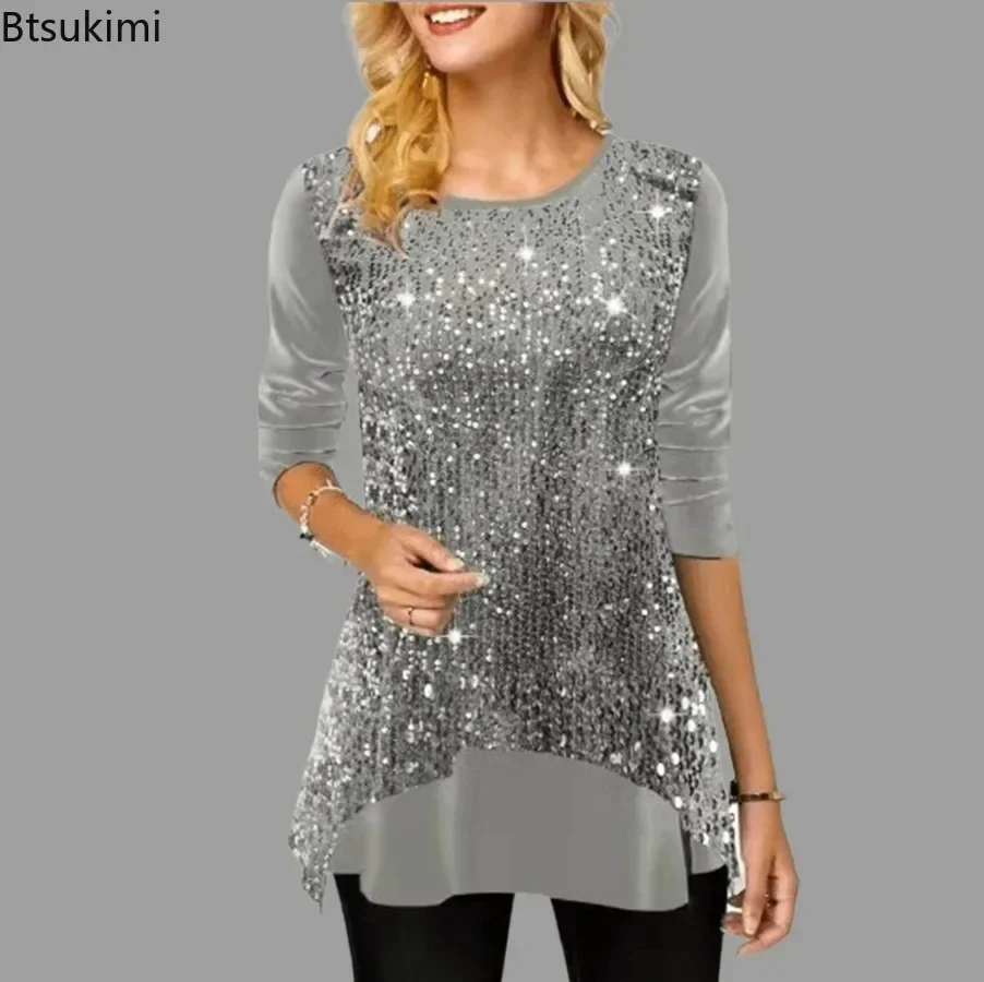 

New 2025 Women's Elegant Long Sleeve Blouse Vintage Sequinis Splice O-neck Slim Casual Pullover Tops Ladies Trend Street T-shirt