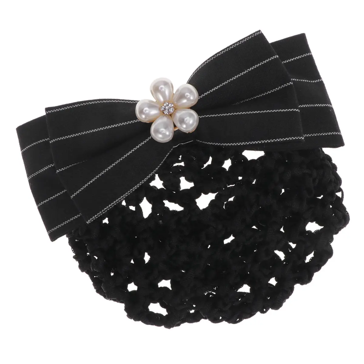 Bowknot Hair Snood Pearl Studded Bun Net for Women Elegant Elastic Hair Clip Breathable Fabric Headdress for Work Party Date