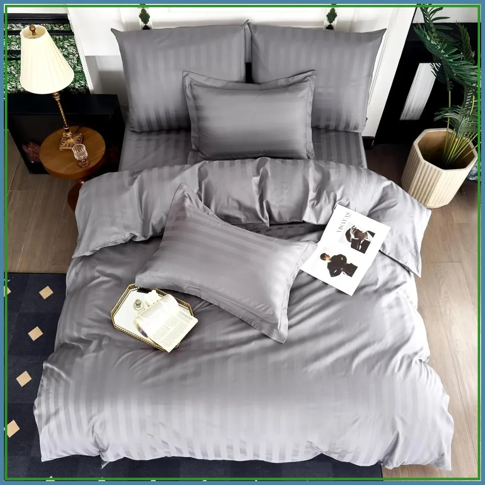 

King Size Duvet Cover Set 100% Cotton Grey Striped Satin with Zipper 3 Pieces Bedding