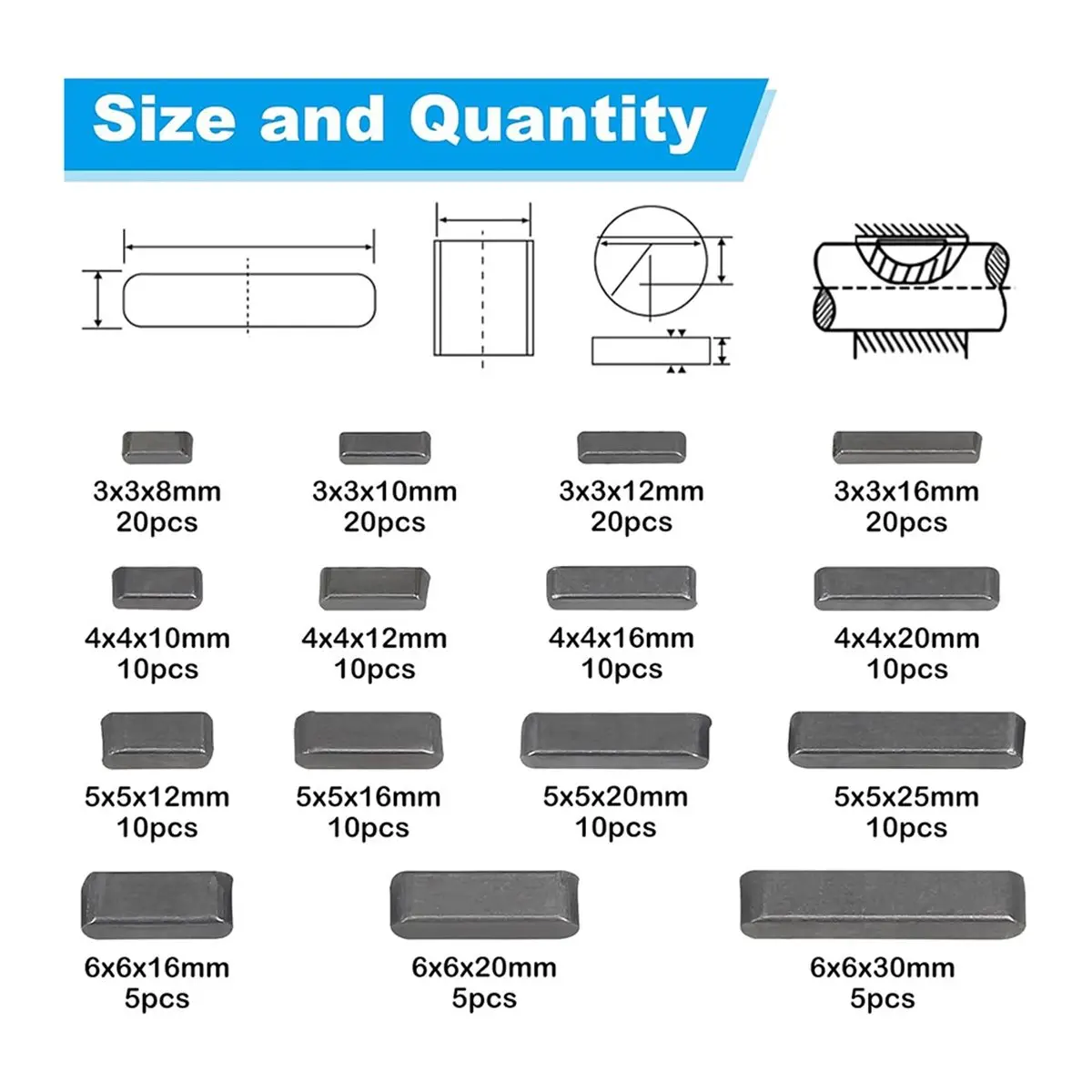 175pcs Key Stock Assortment, 15 Sizes Round Ended Key