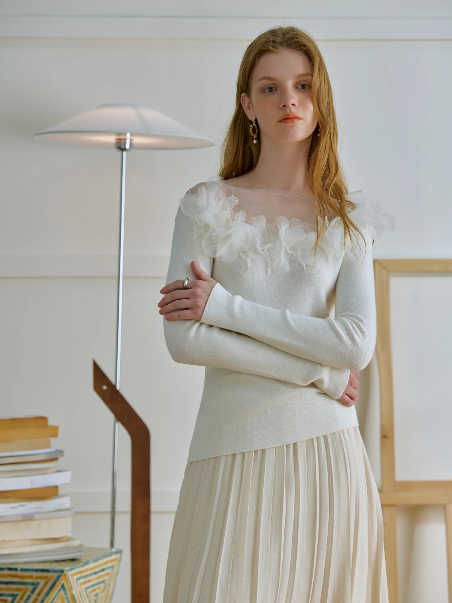 

Romantic 3D Floral Me Splicing Silk Wool Slim Fit Knitted Sweater Women's Gentle Top Soft round Ne Long Sve Regular Le...