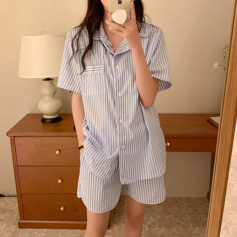 

Soft Summer Stripe Simple Man And Wife Vacation Lovers Pajamas Set Women Home Comfortable Sleepwear Casual Loose Short Sleeve