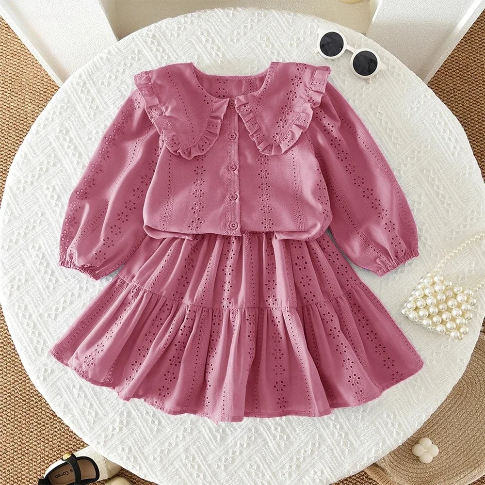 Spring and Autumn Style 2-6 Year Old Girls' Pink Casual Suit with Collar Embroidery Top and Skirt Two-piece Set