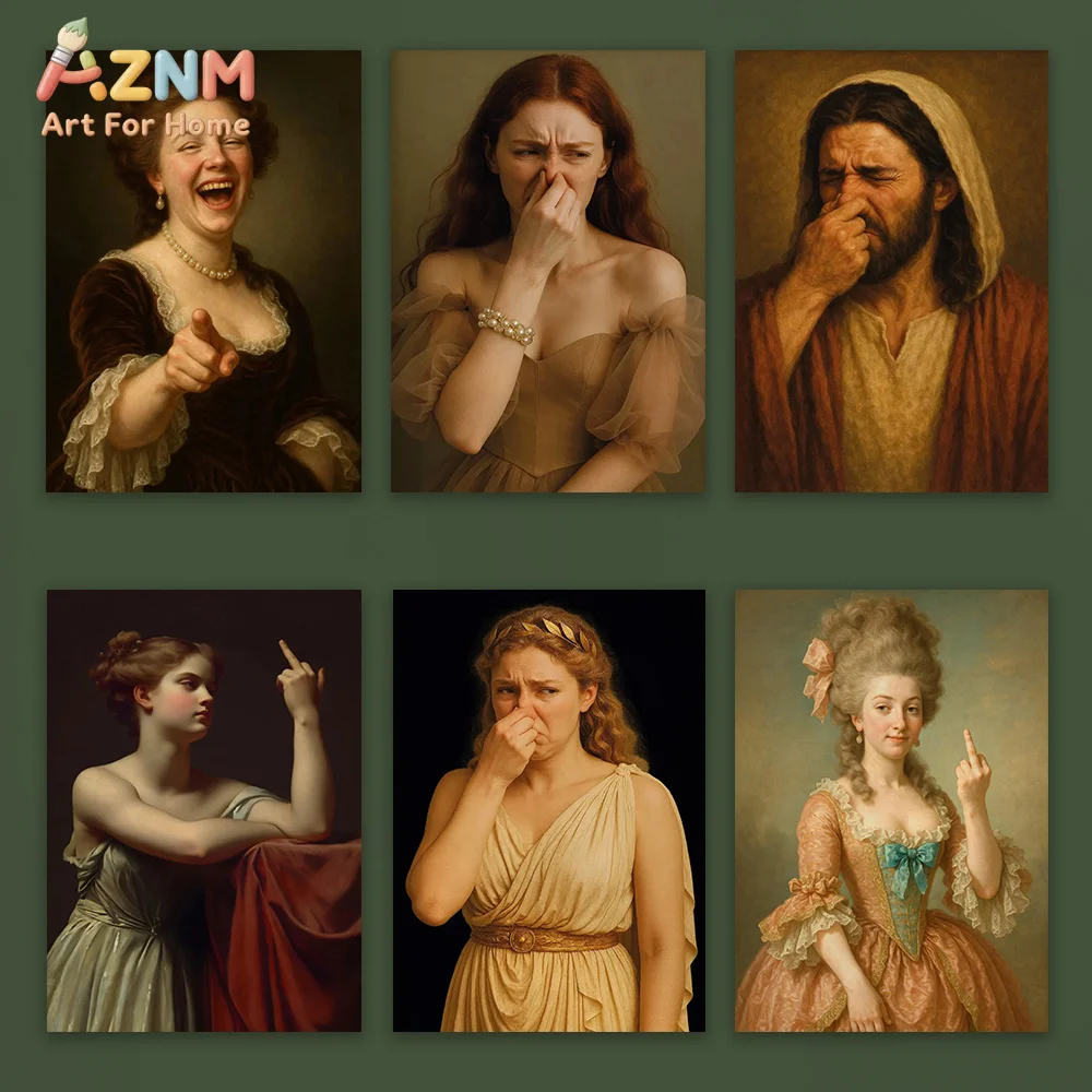 Funny Renaissance Queen Poster Royal Lady Holding Nose Art Print Bathroom Decor Classic Altered Portrait Art Canvas Painting