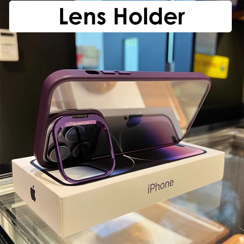 Casing ponsel lensa logam dengan dudukan, casing penutup tahan guncangan transparan dengan cincin logam dudukan untuk IPhone 15 12 13 14 16 Pro Max Plus 11