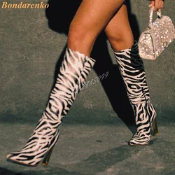 Zebra Printed Metal Heels Boots Pointy Toe Strange Style Knee High Boots Side Zipper New Style Women Shoes Winter Party Designer