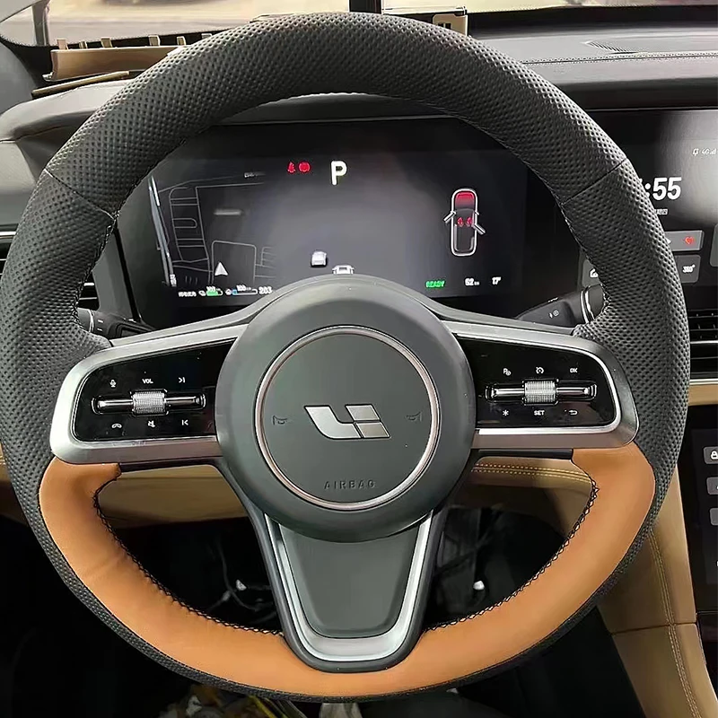 For Lixiang One 2021 Hand-stitched black brown Genuine Leather non-slip car steering wheel cover