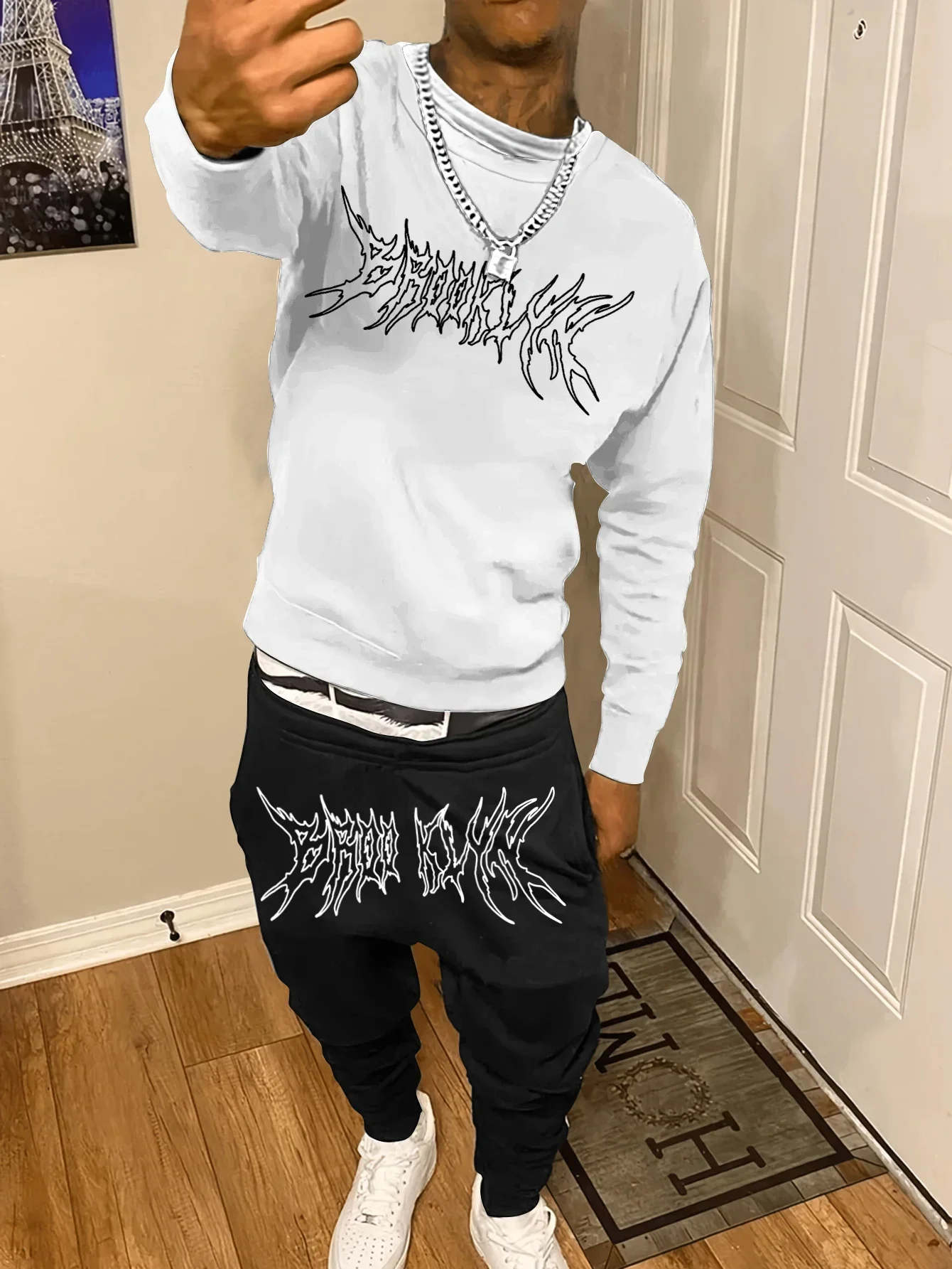 

Autumn new fashion men's sweatshirt sportswear pants set daily loose casual fit printed long sleeve sweatshirt two-piece set