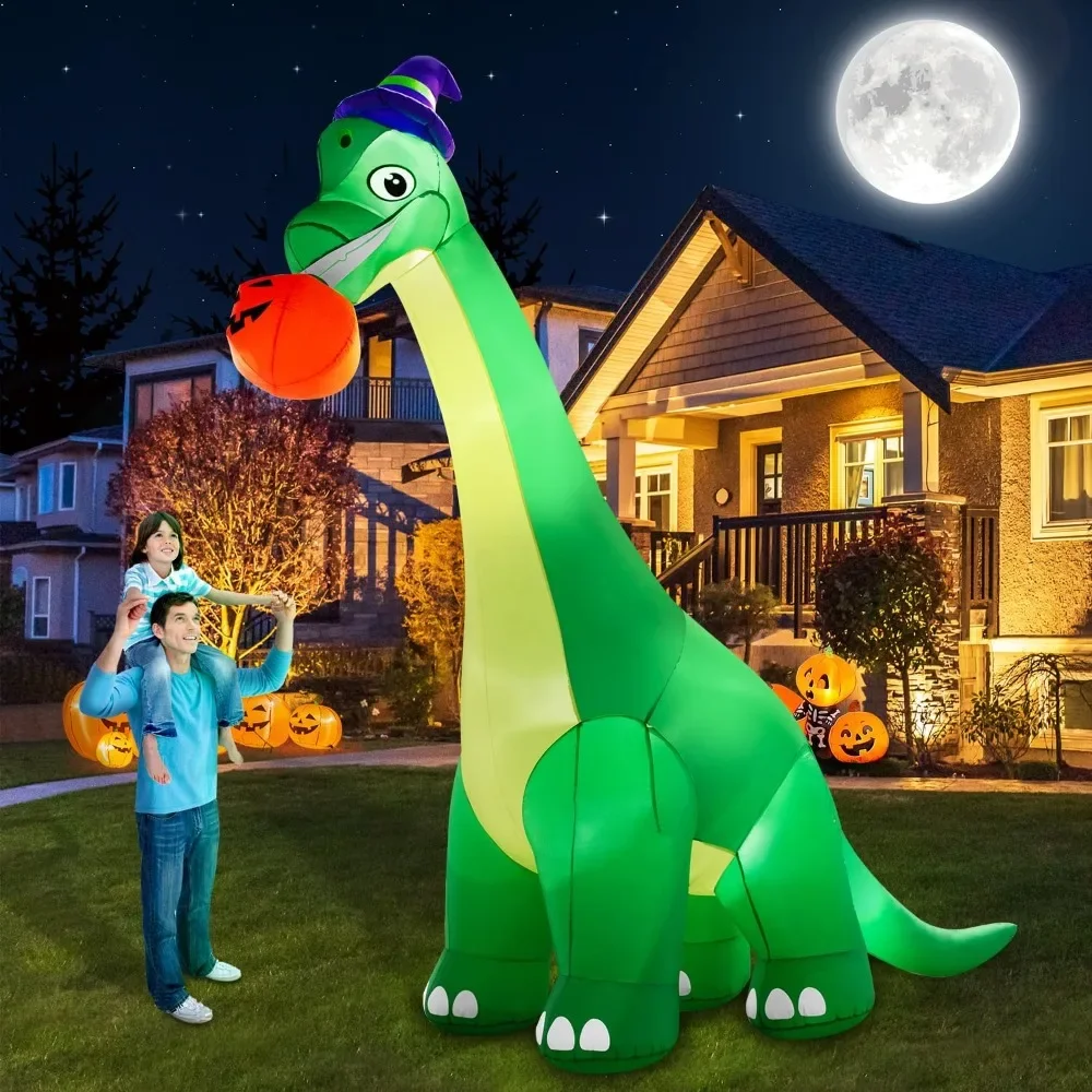 13Ft Giant Halloween Dinosaur Inflatable Decorations, Bite Large Pumpkin with Witch Hat Build-in LED Light Strong Blower Huge