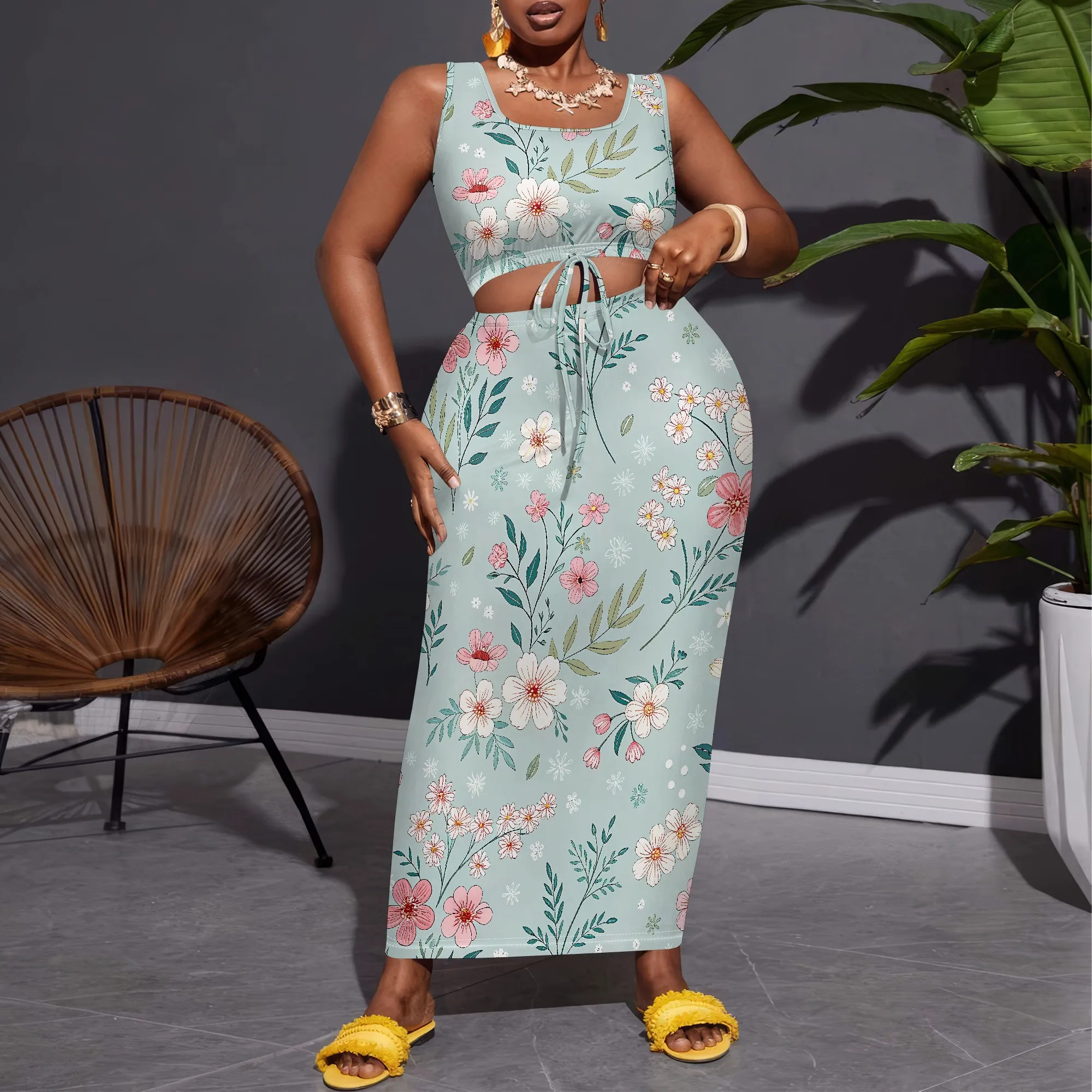 

EQQZD Элегантный и красивый комплект из двух предметов с цветочным принтом больших размеров, женский стильный повседневный комплект из двух предметов — жилет и облегающая юбка