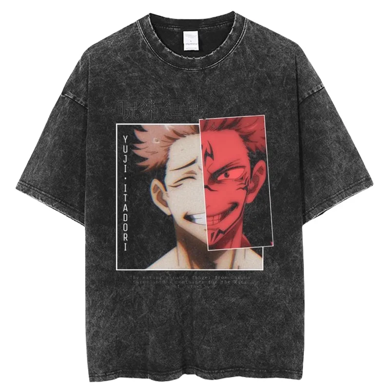 

Jujutsu Kaise Cotton T-shirt Streetwear Washed Black Oversized Short Sleeve Casual Daily Wear Yuji Itadori Split Personality Art