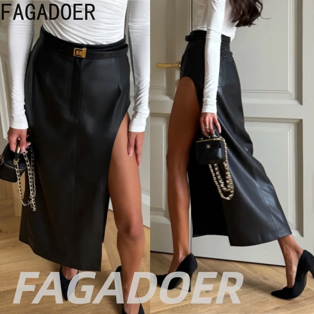

FAGADOER Fashion Side Slit Leather Skirts Women High Waist Irregular Hollow Skinny Skirts Sexy Lady Solid Color Bottom Clothing