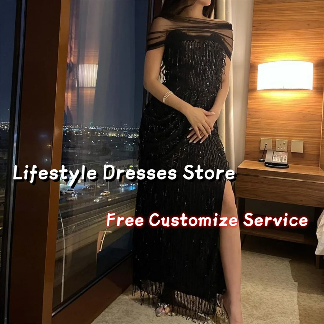 

Black Sequin Tassels Prom Dresses Sweetheart Cape Side Slit Elegant Evening Dress Party Gown vestidos para eventos especiales