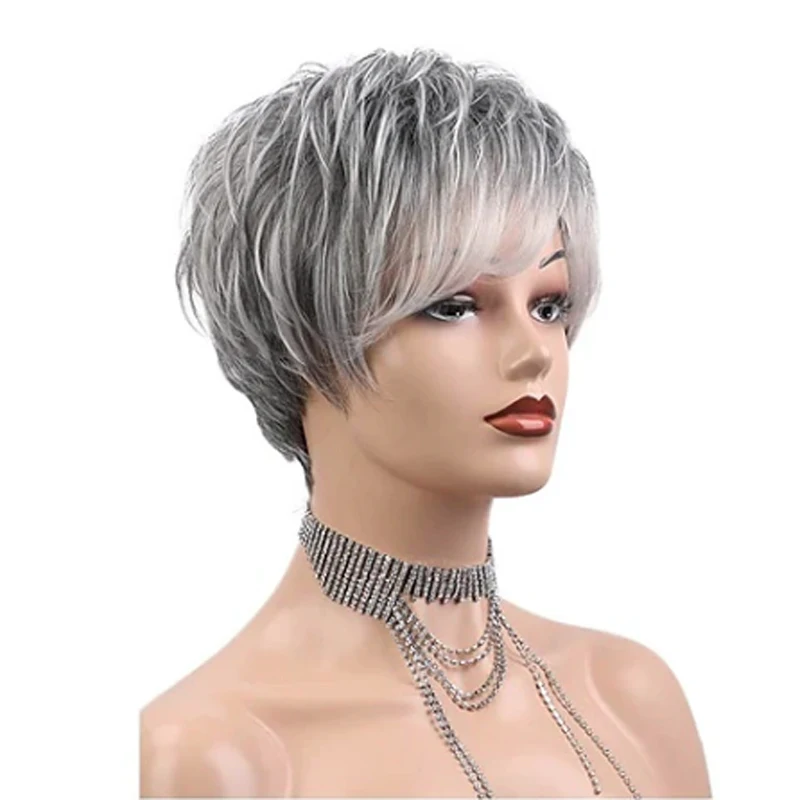 HAIRJOY Synthetic Hair Short Curly Pixie Cut Wigs for Women Pretty Short Gray Wigs Easy Care Wigs