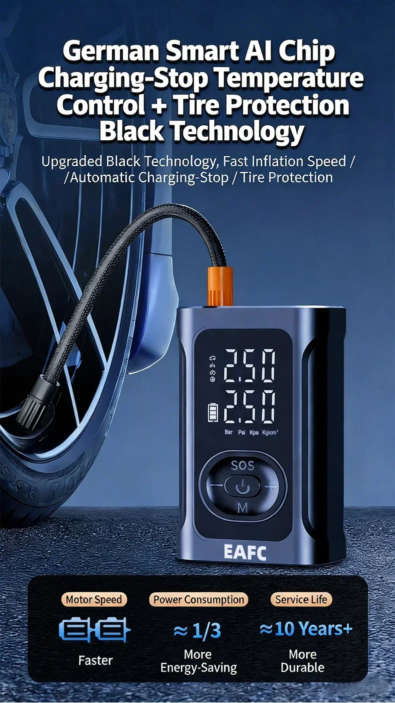 EAFC Update Luftpumpe Wiederaufladbare Hochpräzise Auto-Reifenpumpe LCD-Anzeige Tragbare Luftpumpe für Auto Motorrad Fahrrad Ball – Detail 4