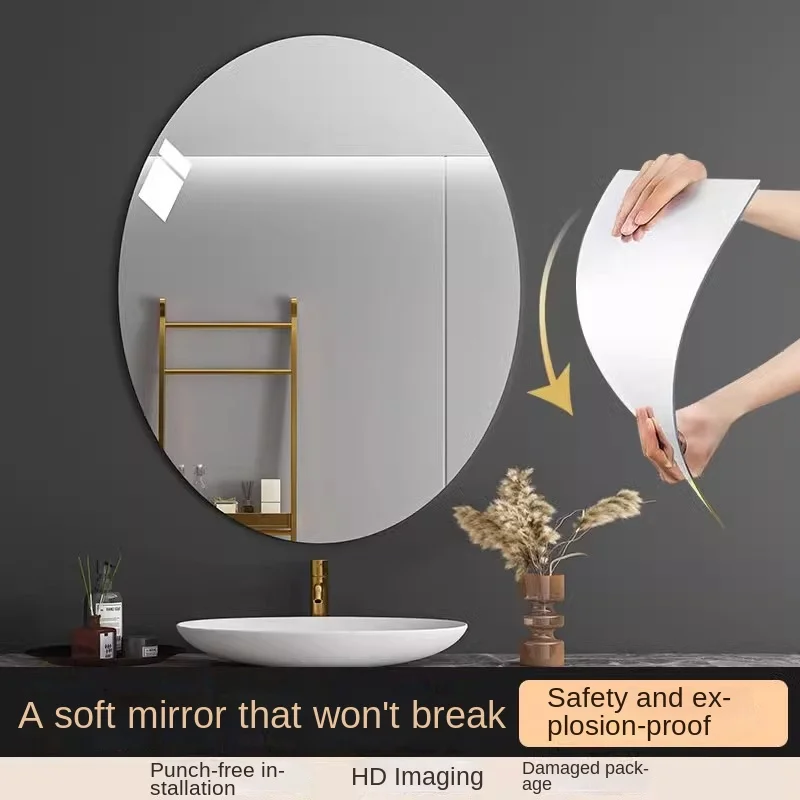 Acrylic High-definition Soft Mirror, Wall Mounted, Self-adhesive, Non-Perforated Toilet, Bathroom, Household Oval