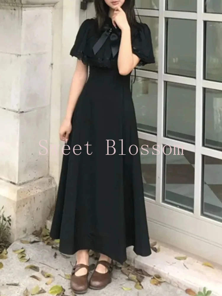 Robe Lolita gothique française élégante pour femmes, avec nœud en dentelle, Patchwork, robes de soirée douces, Slim, mode Hepburn, vêtements d'été, 2025