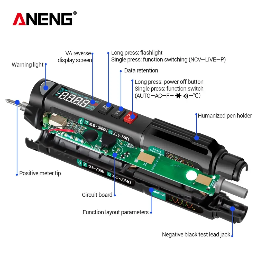 Digital Pen Multimeter Tester Auto Intelligent Sensor ANENG A3008 6000 Counts Non-Contact Voltage Meter Multimeter Polimetro Too