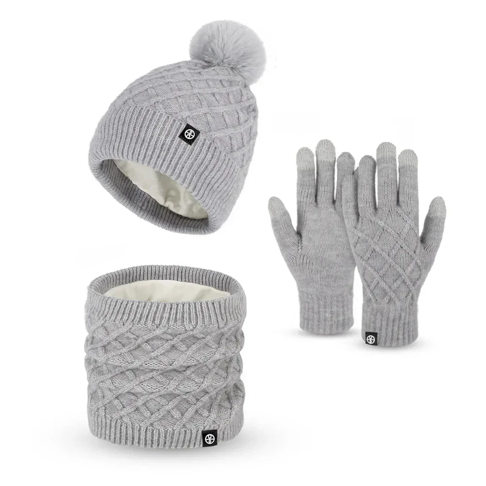 3 unids/set gorro de invierno bufanda guantes para pantalla táctil conjunto para mujer gorro forrado de lana de punto cálido conjunto gorra de bola de piel de zorro Real