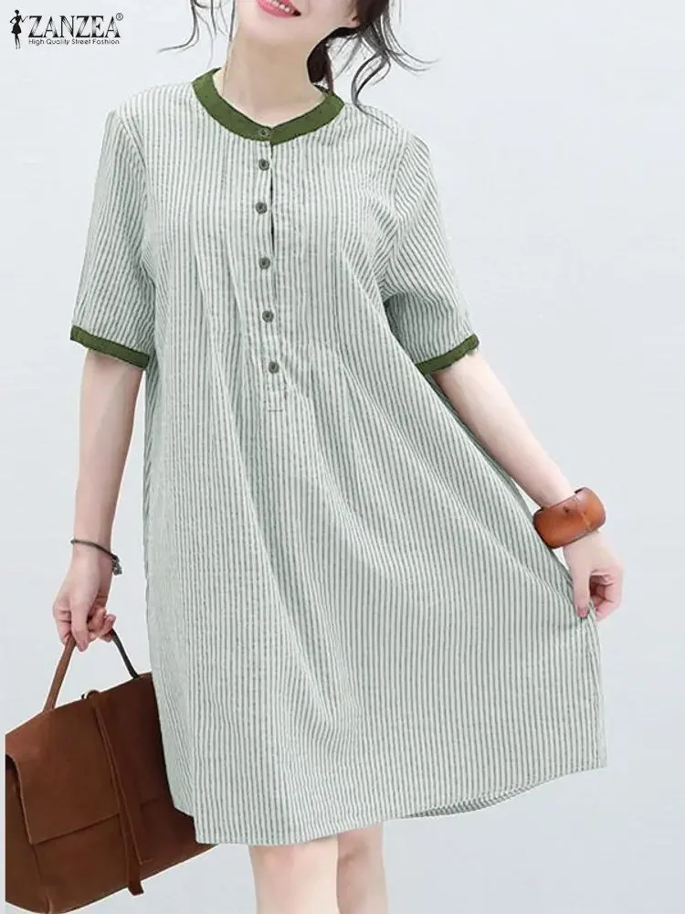 

ZANZEA Vintage Dress 2025 Elegant Striped Vestidos Fashion Short Sleeve Printed Sundress Casual Loose Mini Robe Oversized