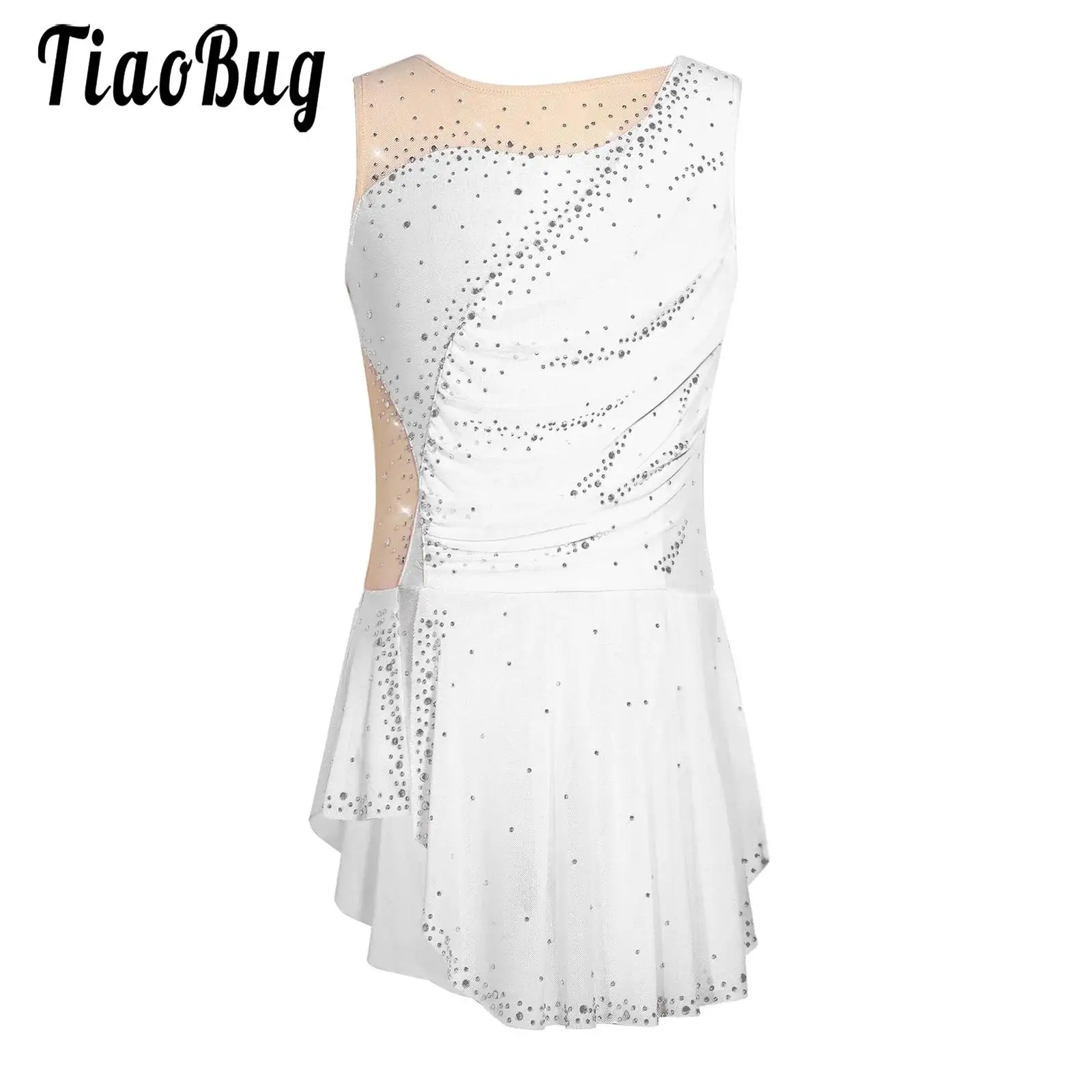 

Kids Girls Lyrical Leotards Figure Skating Costume Sleeveless Sparkly Rhinestones Ruched Side Slit Leotard Roller Skating Dress