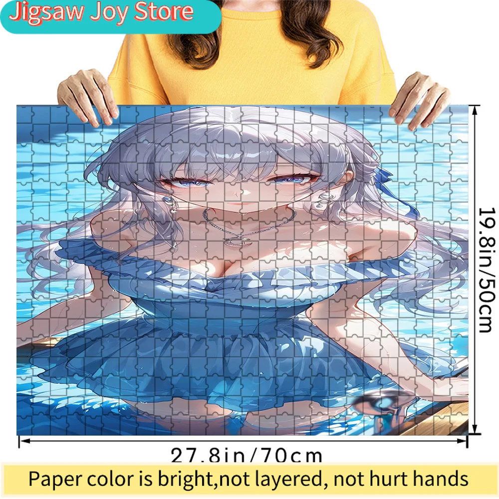 

Anime Girl Silver Hair Blue Off Shoulder Dress Pool Scene Art Paper Jigsaw Puzzle, Cute Character Collectible Decor Gift for Fan