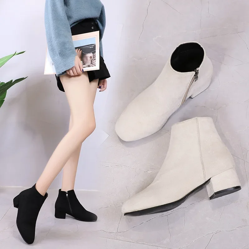 Women Ankle Short Boots Suede Chunky Fashion Mid Heels Shoes Winter Pumps New Trend Casual Cozy Woman Chelsea Botas Mujer