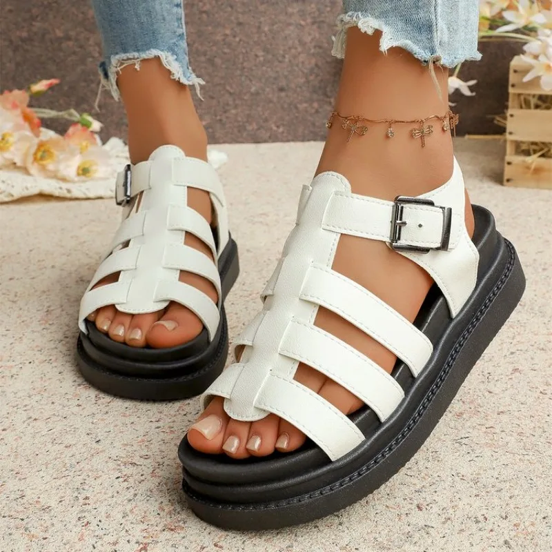 Summer New Women Thick Soled Sandals Fashion Solid Color Hollow Simple Buckle Strap Female Shoes Casual Outdoor Comfort Sandals