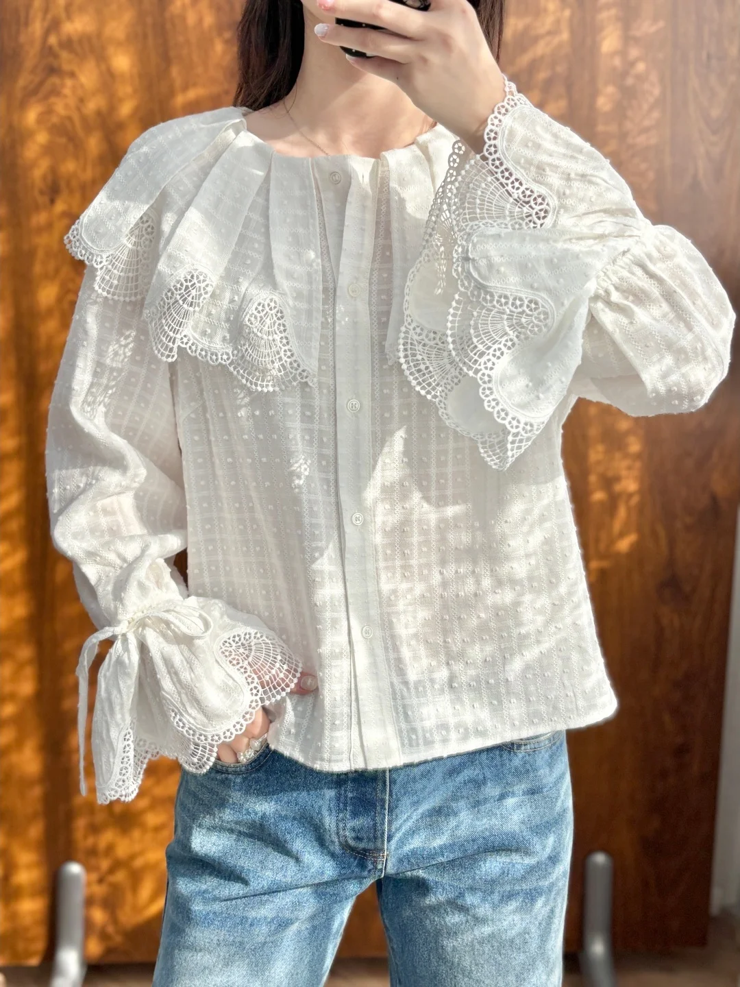 

Ele Embroidered Lace Blouse Casual Loose Fit Long Sve Baby Doll Collar Inner irt White Cotton Blend Flared Sves