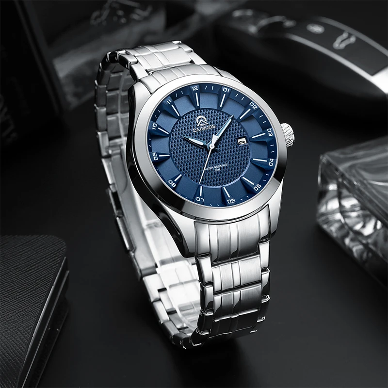 Men\'s Military Quartz Watch Silver Stainless Steel Band Outdoor Waterproof Sports Date Calendar Chronograph CAINUOS