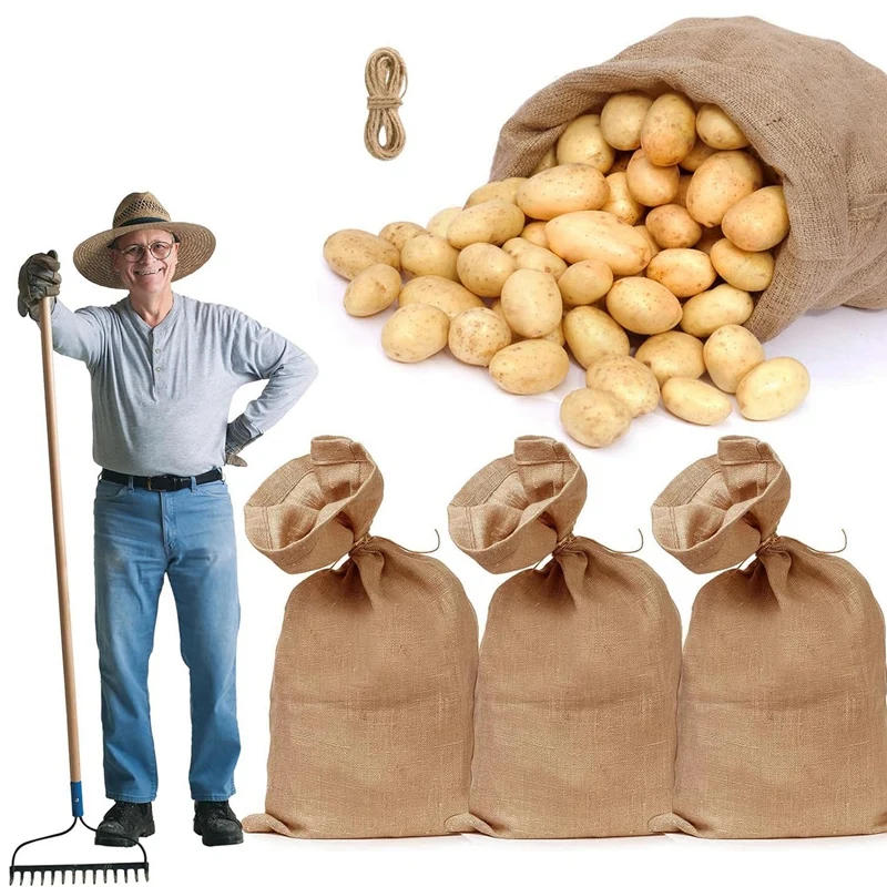 

4 Piece Heavy-Duty Large Burlap Bags Brown 40X24inch Thicken With 32.8Ft Ropes, Reusable Potato Bags