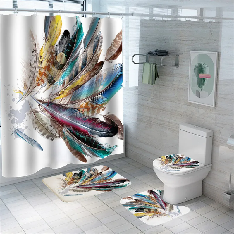 Feather Bath Curtain 3D Print Bath Mat Set Waterproof Shower Curtains Polyester High Quality Carpets Mildewproof Toilet Rugs