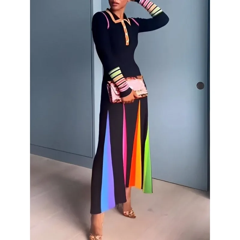 Women's Autumn Spring Long Dress Long Sleeves Fitted Color-Blocking Style Minimalist Comfortable Casual Fashionable Niche Trendy