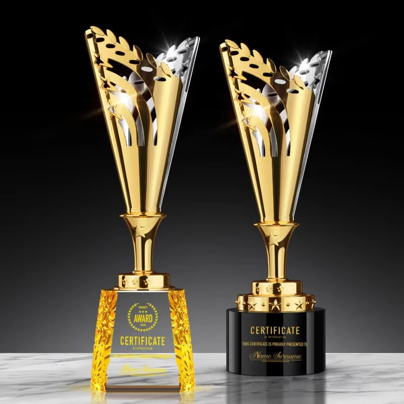 

Custom Metal Crystal Glass Trophy Customize Free Engraved Text Name Excellent Staff Award Speeches Music Sports Activities Prize