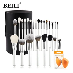 Juego de brochas de maquillaje BEILI, 24 Uds., herramientas de maquillaje para mujer, base en polvo, sombra de ojos, colorete, pelo de cabra Natural, blanco/plateado