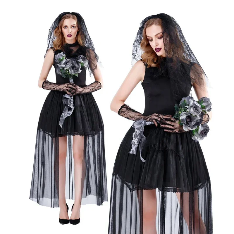 Gothic Dead Zombie Vampire Cadavere Fantasma Sposa Abito in pizzo nero Donna Costume cosplay di Halloween Incubo Spaventoso vestito operato