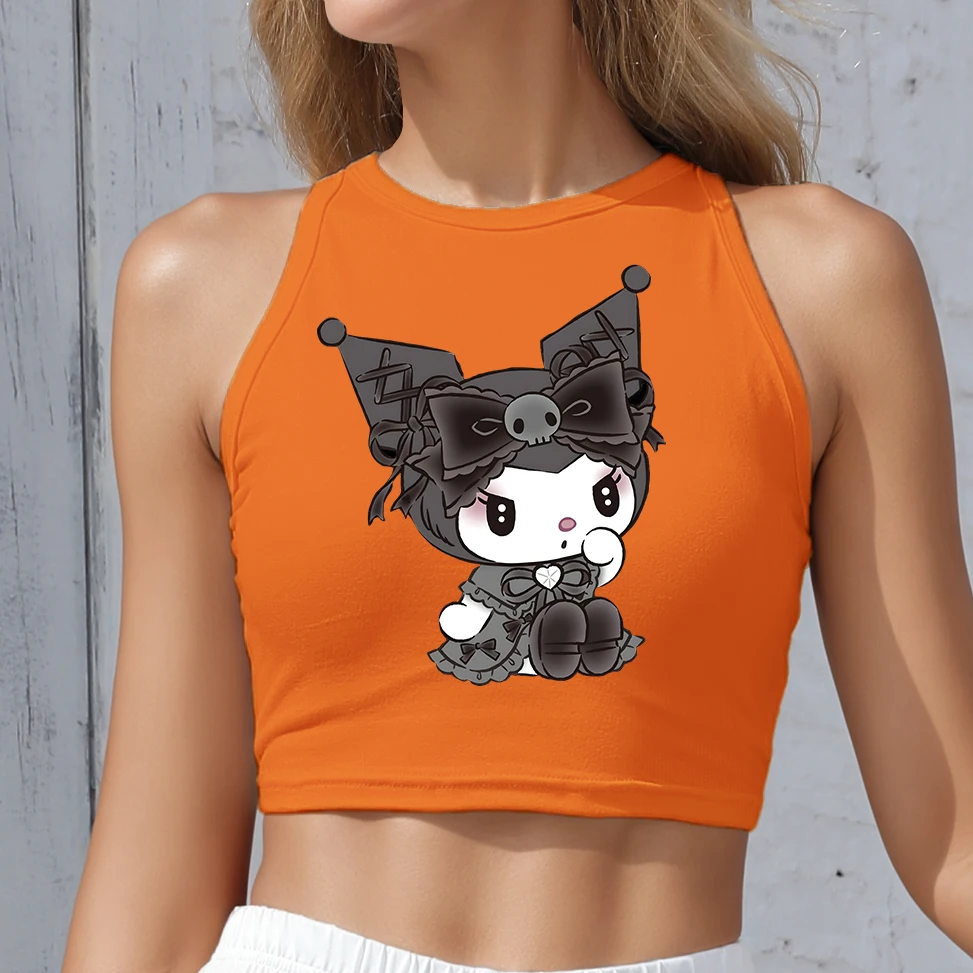 

Y2k Clothes Women's Sleeveless Shirts Shoulder-Off Vest Tees Scoop Neck Kawaii Kuromi Knit Casual Hottie Slim Crop Top